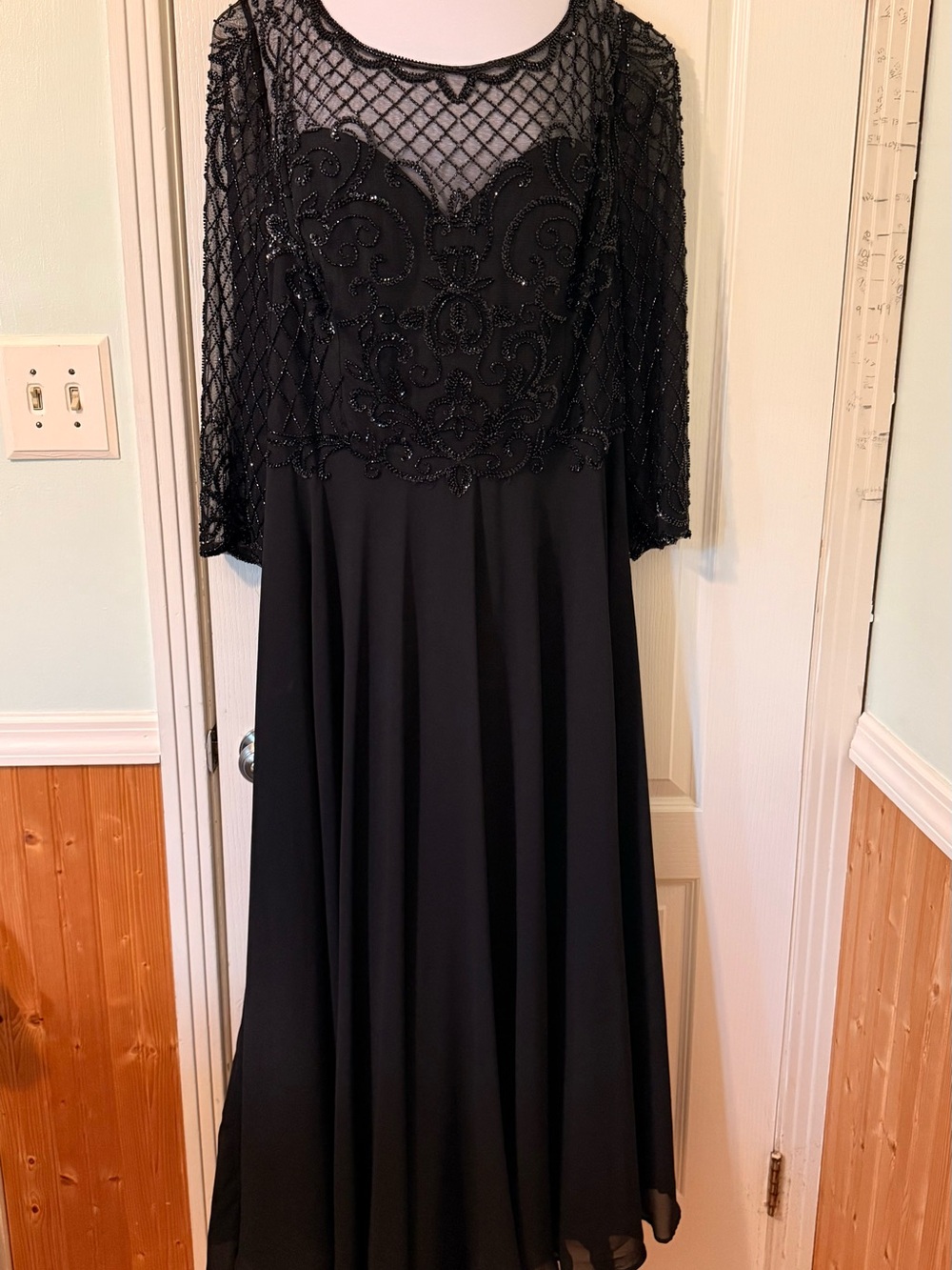 Elegant Black Beaded Overlay Evening Dress